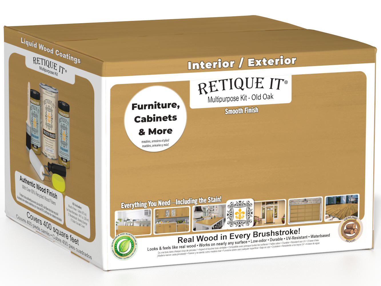 Retique It® multi-purpose smooth finish kit in Old Oak with four large wood finishing tools and supplies in a box.