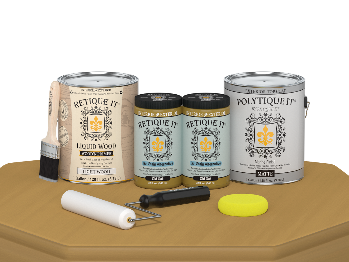 Retique It® Multi-purpose Smooth Finish Kit in Old Oak for exterior wood projects, includes four large top coat bottles with matte finish.
