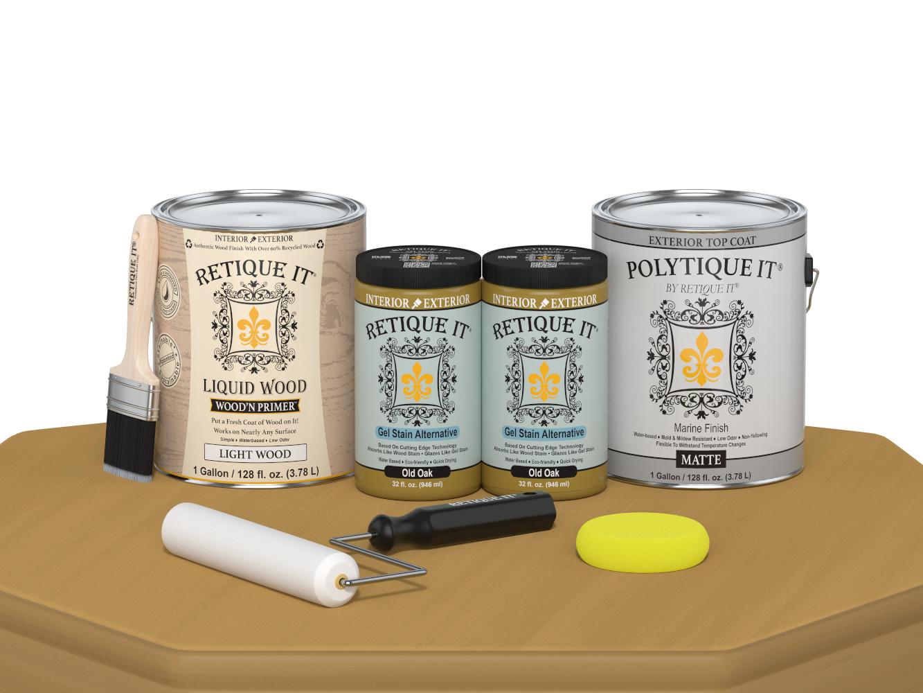 Retique It® Multi-purpose Smooth Finish Kit in Old Oak for exterior wood projects, includes four large top coat bottles with matte finish.