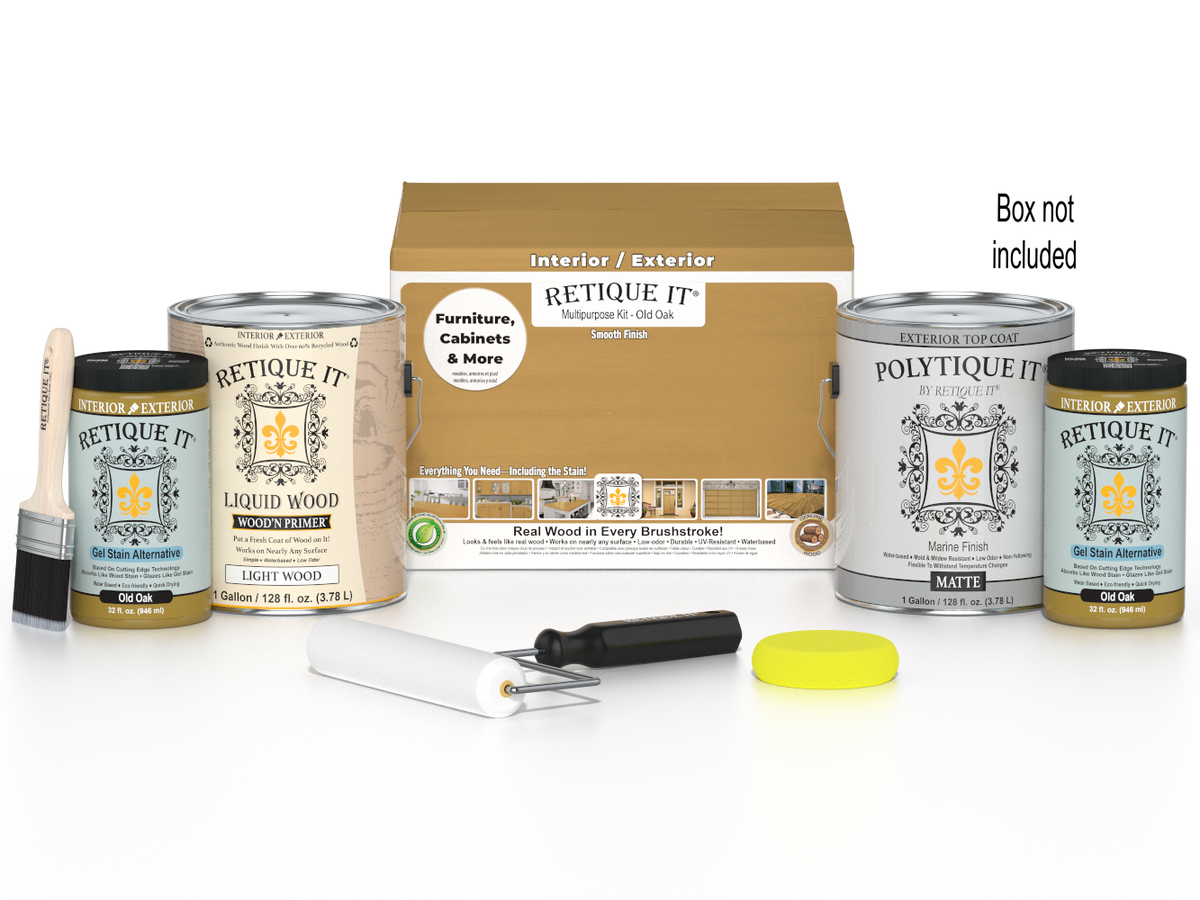 Retique It® Multi-purpose Smooth Finish Kit in Old Oak for exterior wood top coating, includes four large containers and brush.
