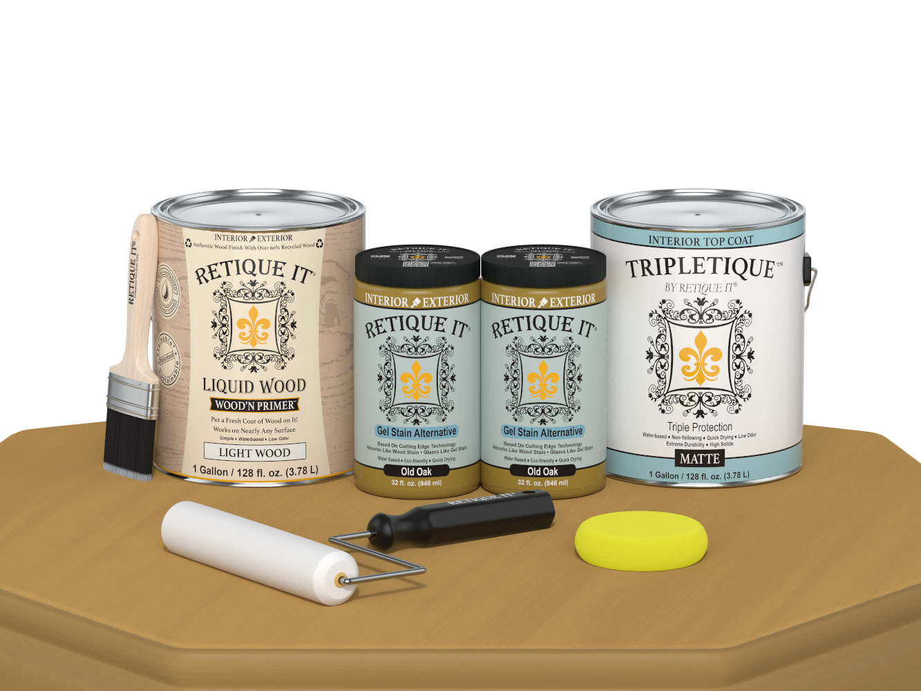 Retique It® Multi-purpose Smooth Finish Kit in Old Oak for interior wood projects, includes four large top coat bottles with matte finish.