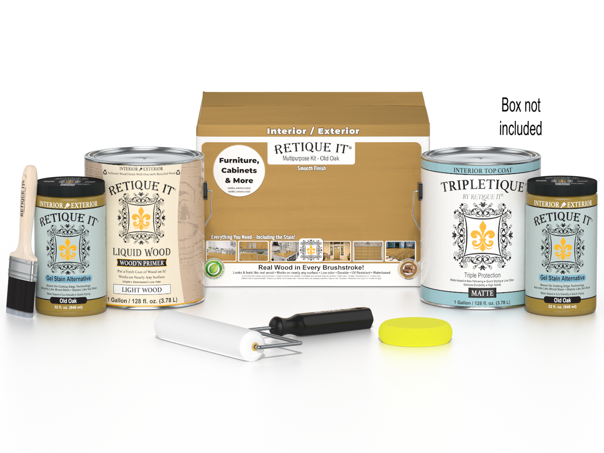 Retique It® Multi-purpose Smooth Finish Kit in Old Oak for interior wood projects, includes four large top coat bottles with applicator tools.