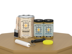 Retique It® Multi-purpose Smooth Finish Kit in Old Oak, 4-piece set, showcasing wood finishing tools and product packaging.