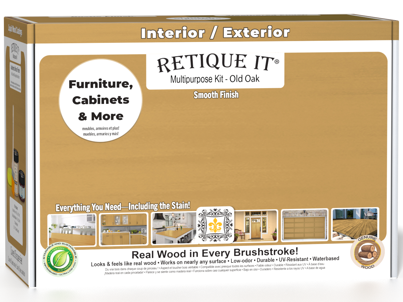 Retique It® Multi-purpose Smooth Finish Kit (Med) in Old Oak for exterior wood, featuring matte top coat and wood finish components.