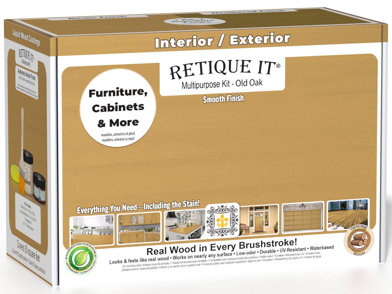 Retique It® Multi-purpose Smooth Finish Kit in Old Oak for exterior wood, featuring a matte top coat and wood finish components.