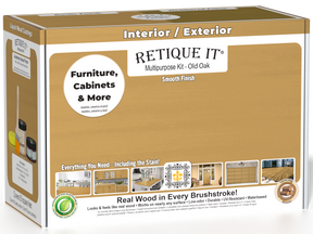 Retique It® Multi-purpose Smooth Finish Kit in Old Oak for exterior wood, featuring a matte top coat and wood finish components.