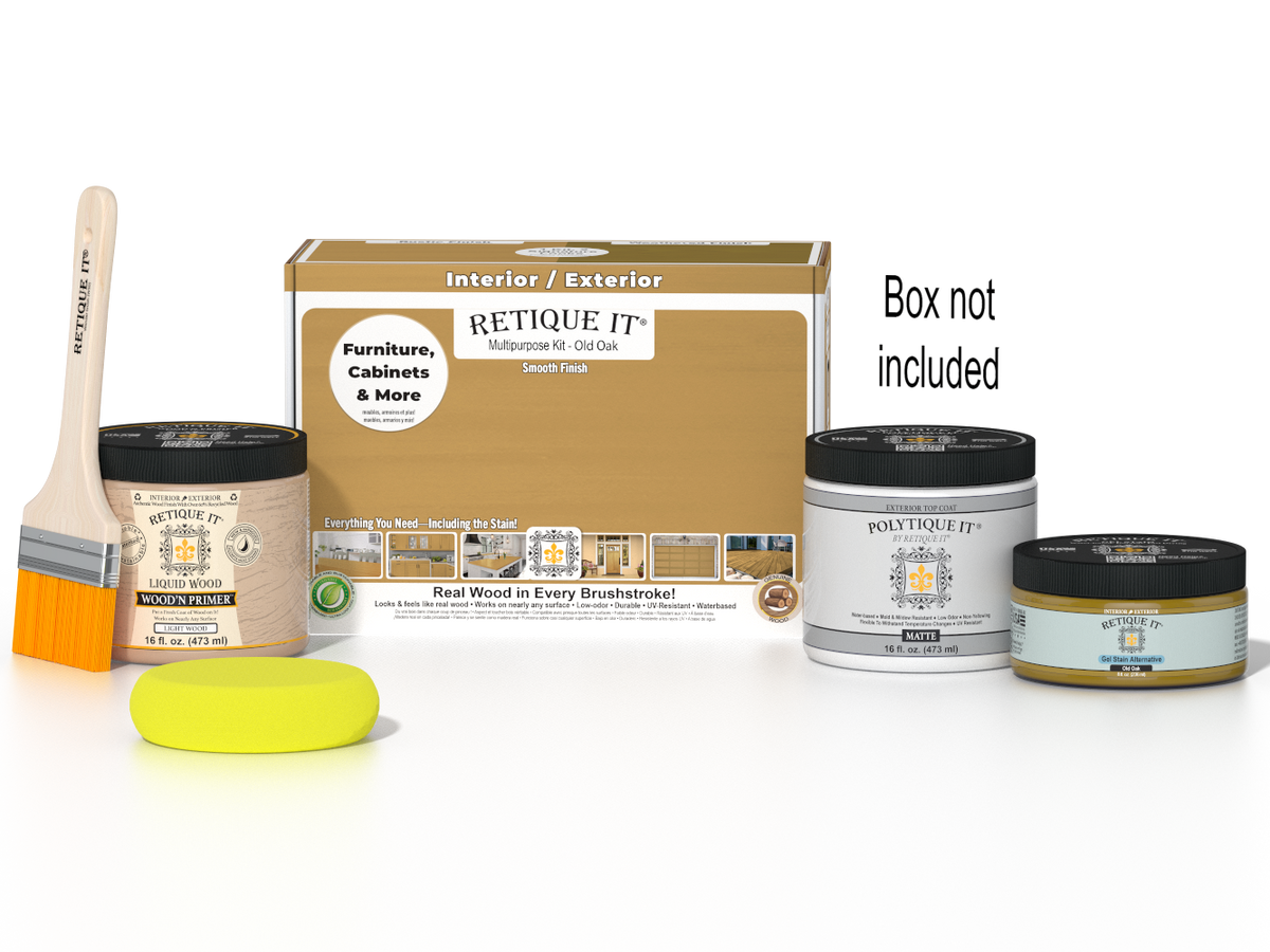 Retique It® Multi-purpose Smooth Finish Kit in Old Oak for exterior wood projects, includes top coat and application tools.