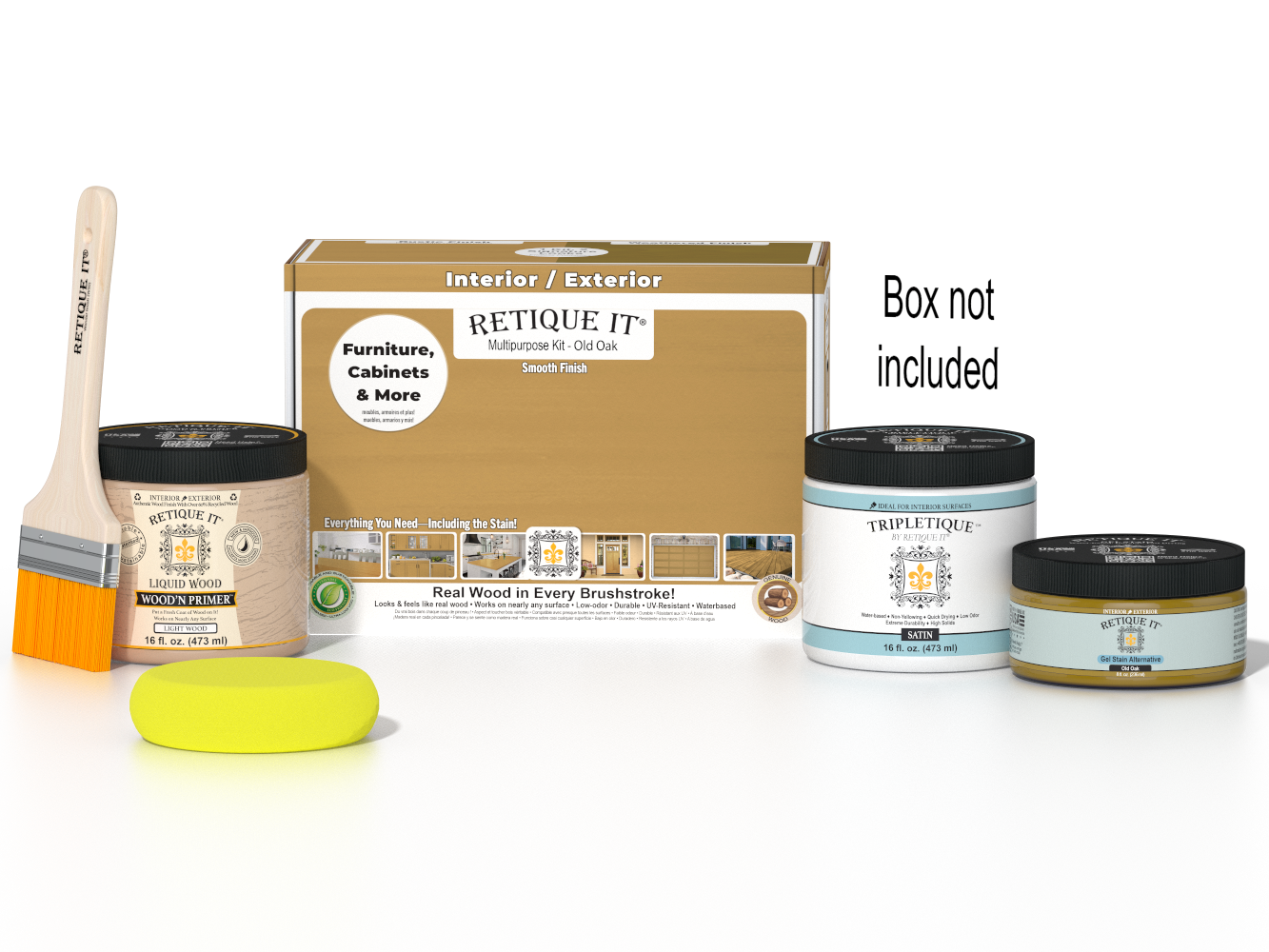 Retique It® Multi-purpose Smooth Finish Kit in Old Oak for interior wood surfaces, includes top coat and application tools.