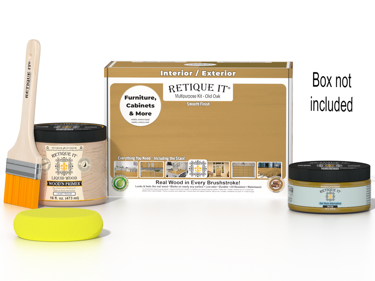 Retique It® Multi-purpose Smooth Finish Kit (Med) in Old Oak wood stain, includes applicator tools, for furniture and decor projects.