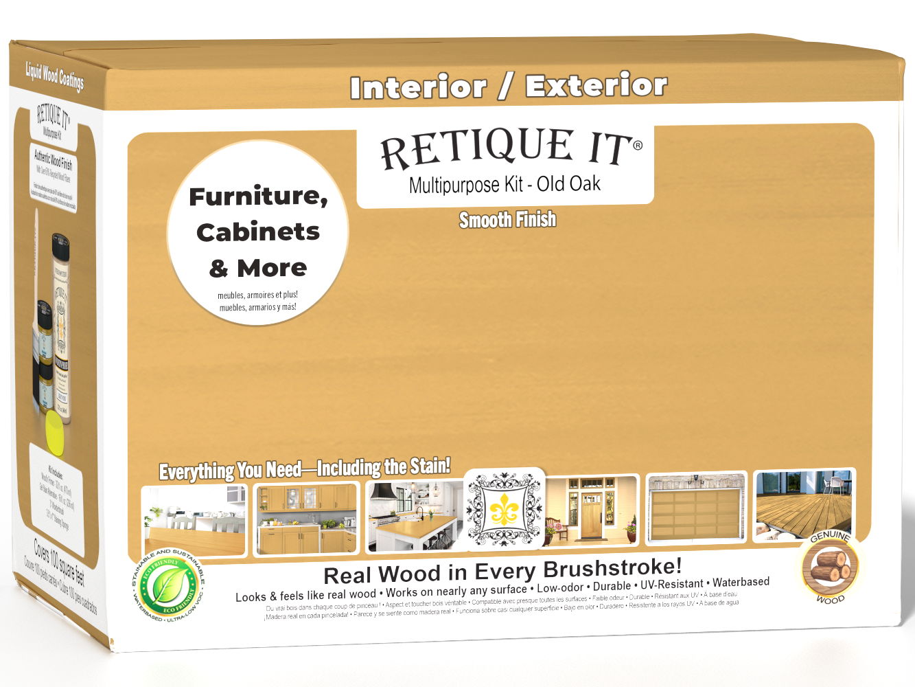 Retique It® Multi-purpose Smooth Finish Kit (Large) in Old Oak for interior wood projects, includes matte top coat and finishing tools.