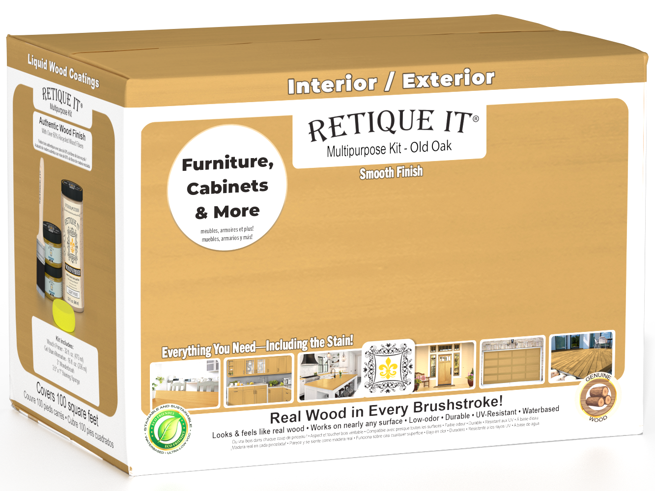 Large Old Oak wood finish kit by Retique It® with smooth matte interior top coat in a multi-purpose wood finishing set.