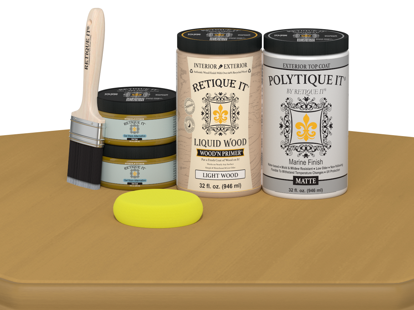 Retique It® Multi-purpose Smooth Finish Kit in Old Oak with satin exterior top coat, large size, shown with wood surface.