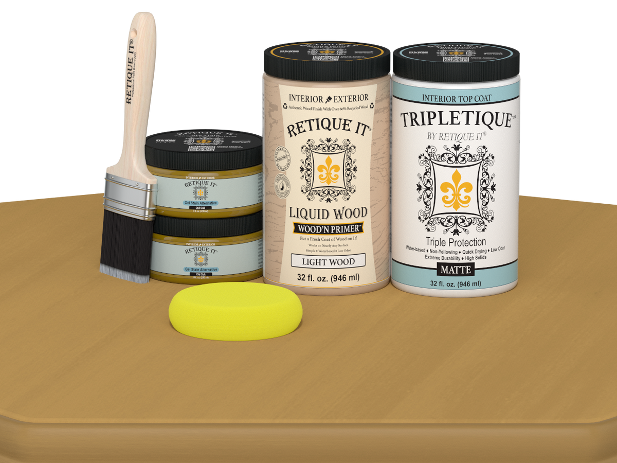 Retique It® large Multi-purpose Smooth Finish Kit in Old Oak for interior wood projects, featuring matte top coat and application tools.