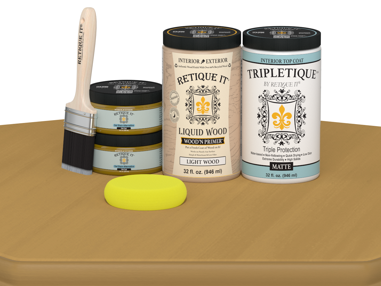 Retique It® large Multi-purpose Smooth Finish Kit in Old Oak for interior wood projects, featuring matte top coat and application tools.