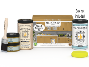 Retique It® Wood'n Cabinet Kit with 12 smooth Old Oak stained cabinet doors, shown with parts and packaging.