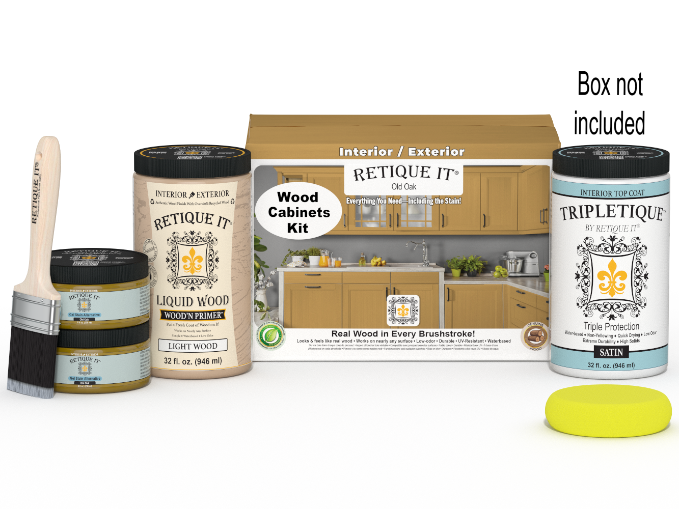 Retique It® Wood'n Cabinet Kit with 12 smooth doors in Old Oak stain, shown with packaging and cabinet components.