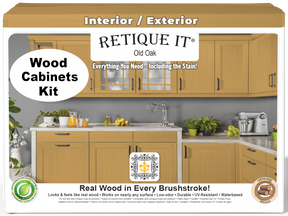 Wood'n Cabinet Kit with 24 smooth doors in Old Oak stain by Retique It®, shown on front view of kitchen cabinets.