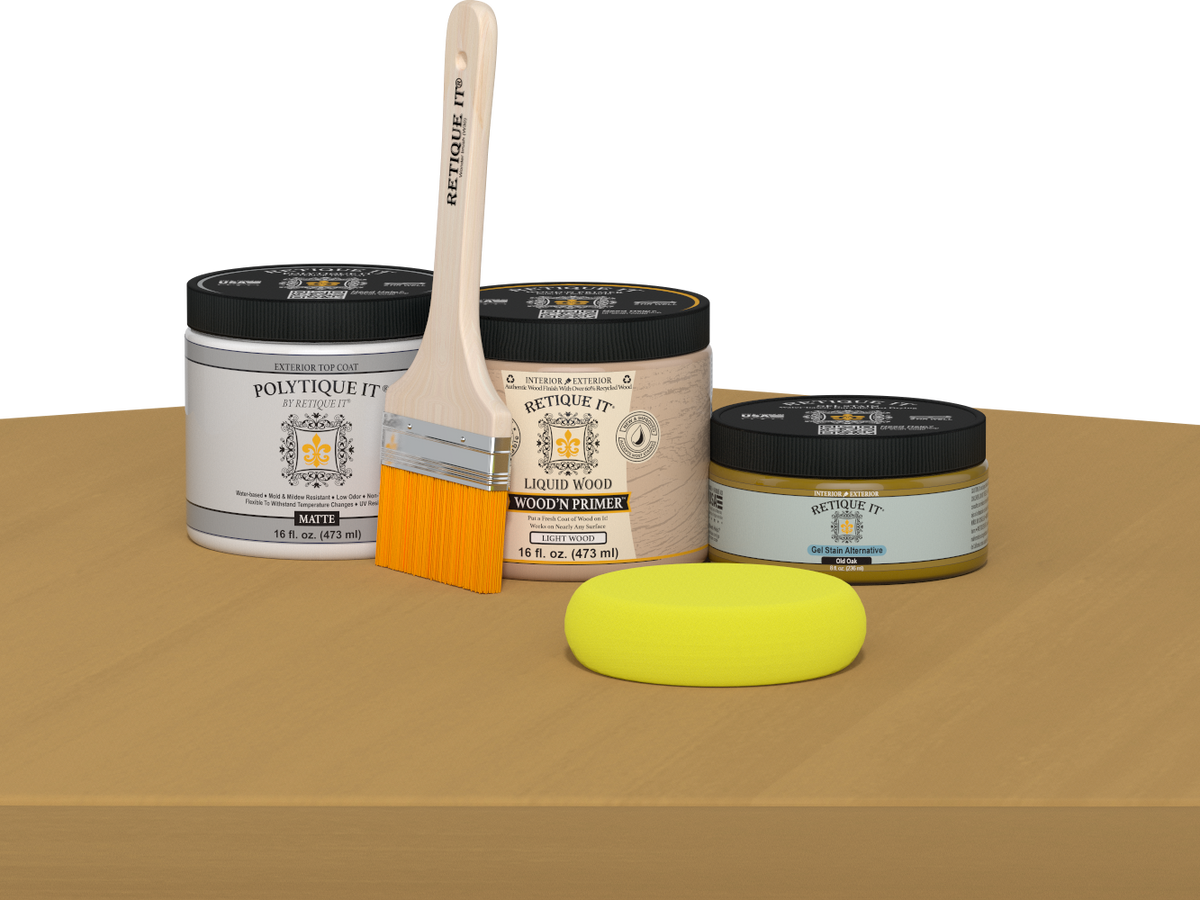 Retique It® wood finish kit with matte Old Oak exterior top coat, featuring smooth, multi-purpose wood surface application.