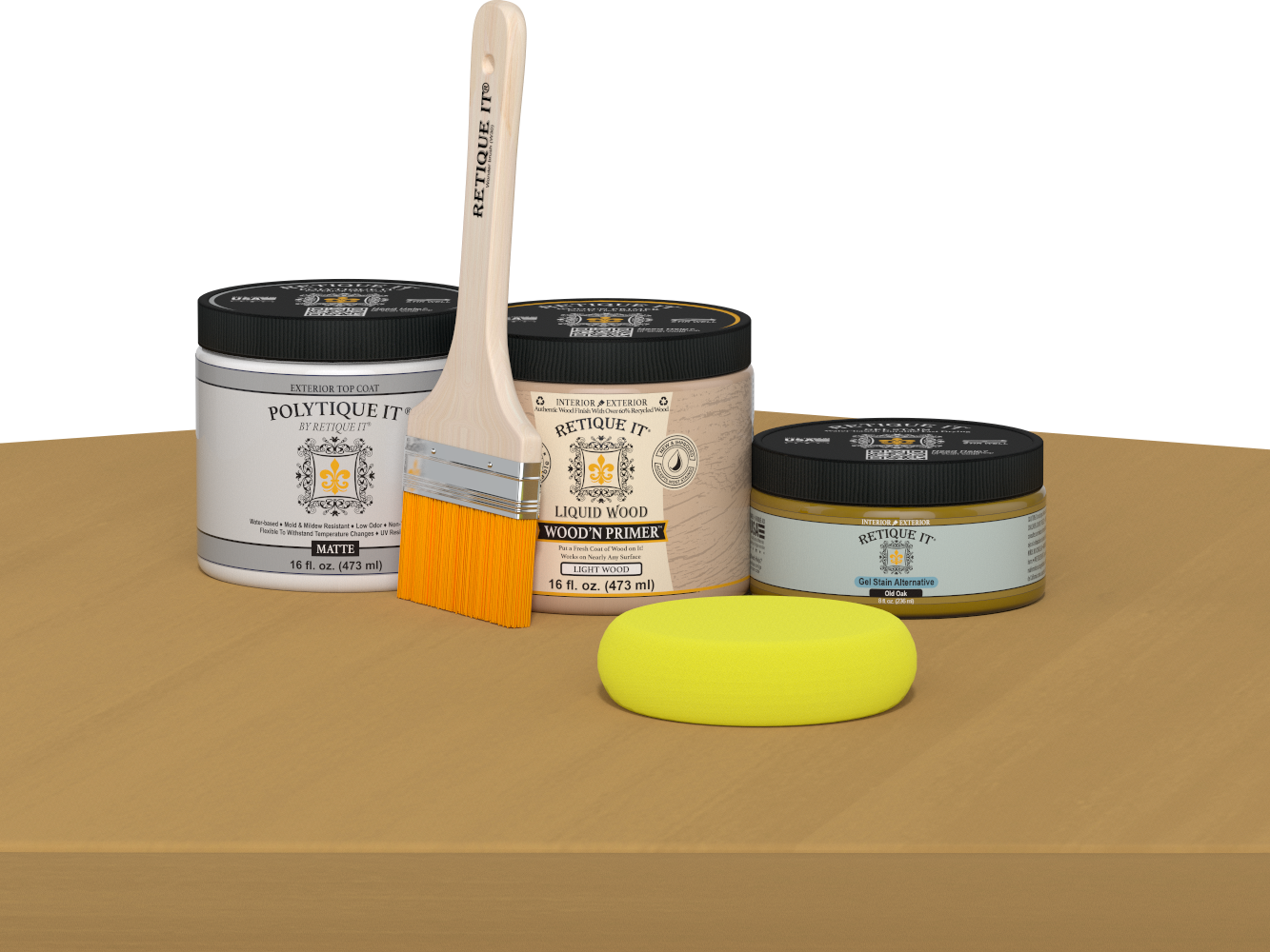 Retique It® wood finish kit with matte Old Oak exterior top coat, featuring smooth, multi-purpose wood surface application.