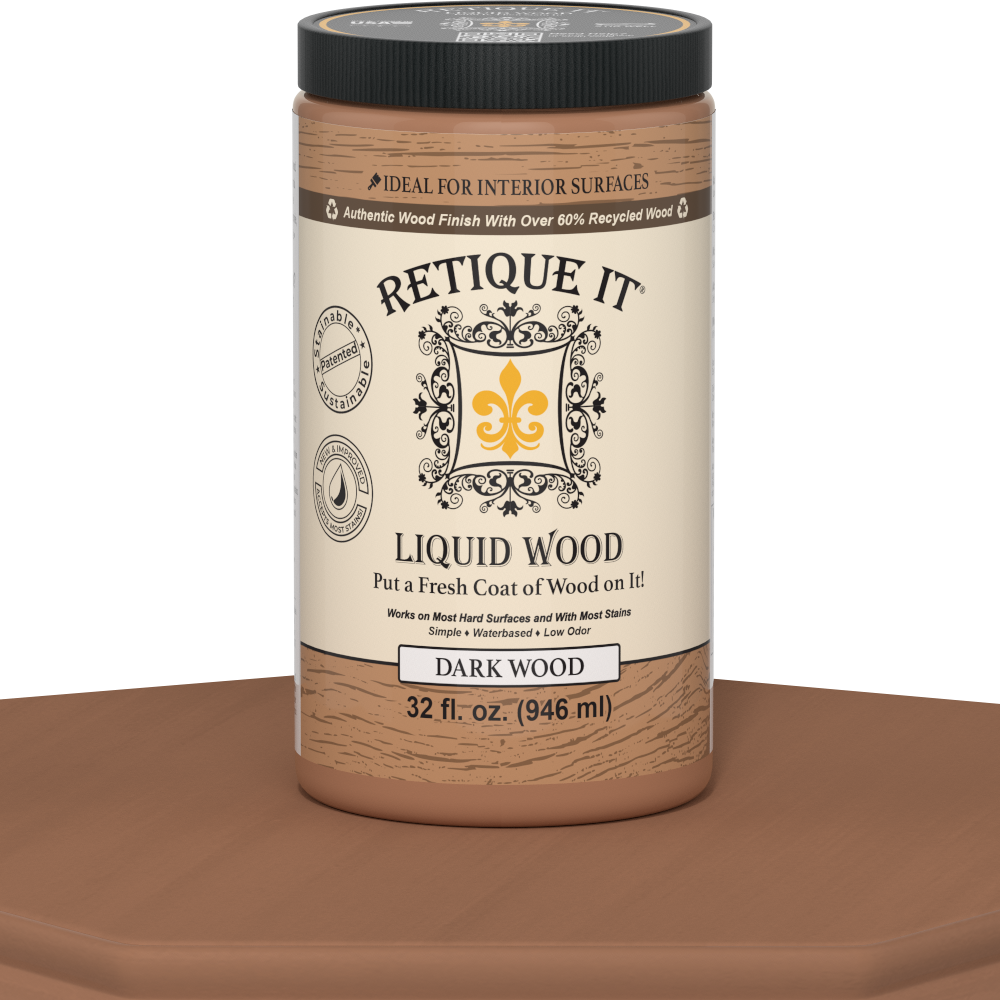Retique It® Liquid Wood Dark 32oz interior paint on table, showcasing the dark wood finish for furniture and interior projects.