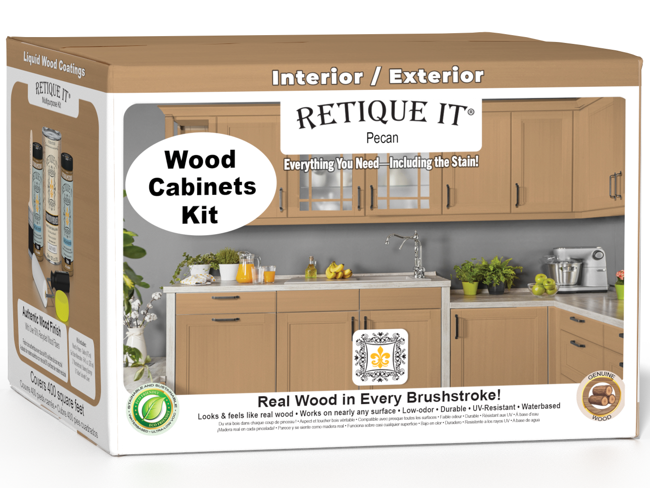 Retique It® Wood'n Cabinet Kit in Pecan with 48 smooth doors, showcasing stained wood cabinets for kitchen or bathroom use.