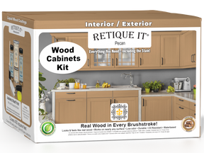 Retique It® Wood'n Cabinet Kit in Pecan with 48 smooth doors, showcasing stained wood cabinets for kitchen or bathroom use.