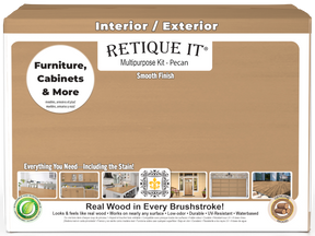 Retique It® Multi-purpose Smooth Finish Kit in Pecan, 4-piece large set, with a box showing the wood finish products.