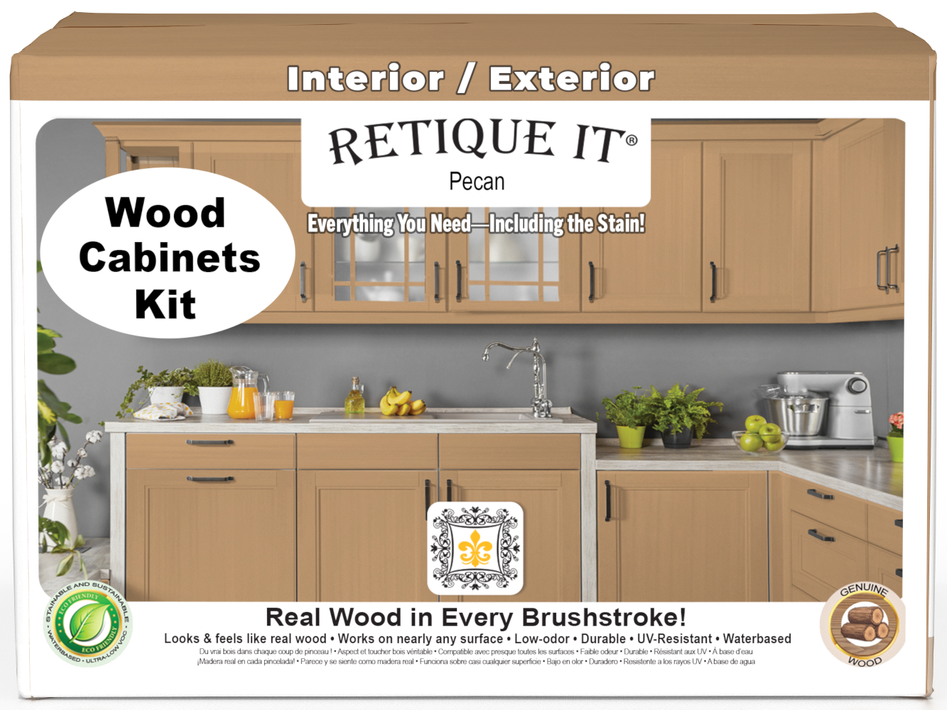 Retique It® Wood'n Cabinet Kit in Pecan with 48 smooth doors, showcasing a natural wood stain finish for kitchen cabinets.
