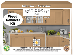 Retique It® Wood'n Cabinet Kit in Pecan with 48 smooth doors, showcasing a natural wood stain finish for kitchen cabinets.