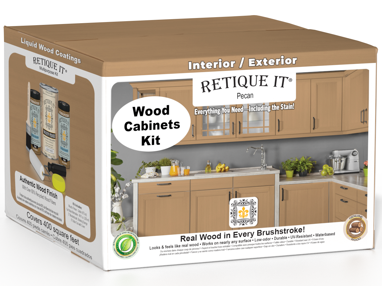 Retique It® Wood'n Cabinet Kit in Pecan with 48 smooth doors, stain for wood cabinets, featuring natural wood grain finish.