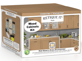 Retique It® Wood'n Cabinet Kit in Pecan with 48 smooth doors, stain for wood cabinets, featuring natural wood grain finish.
