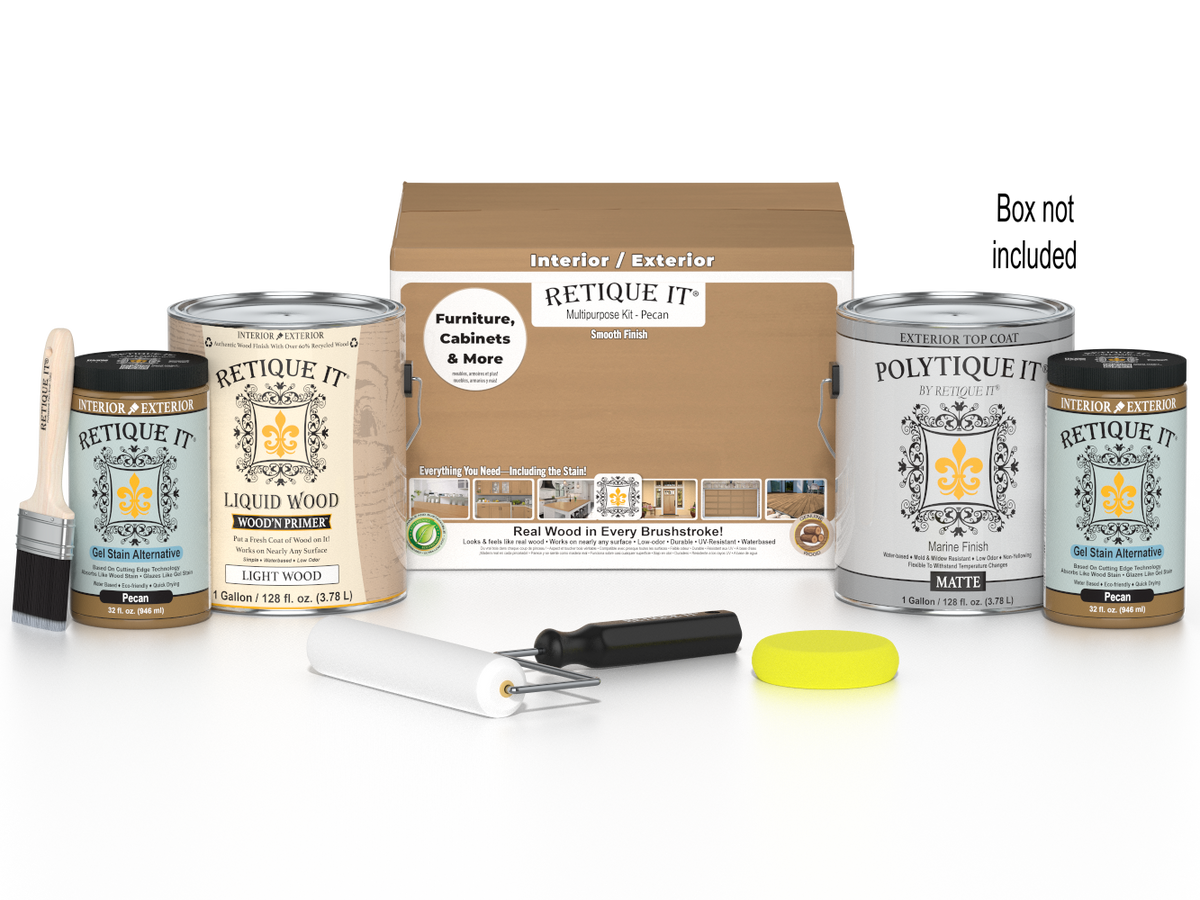 Retique It® wood finish kit with four large bottles of Pecan exterior matte top coat for smooth, durable wood finishing.