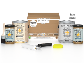 Retique It® Multi-purpose Smooth Finish Kit with four large Pecan exterior top coat wood finish bottles and application tools.