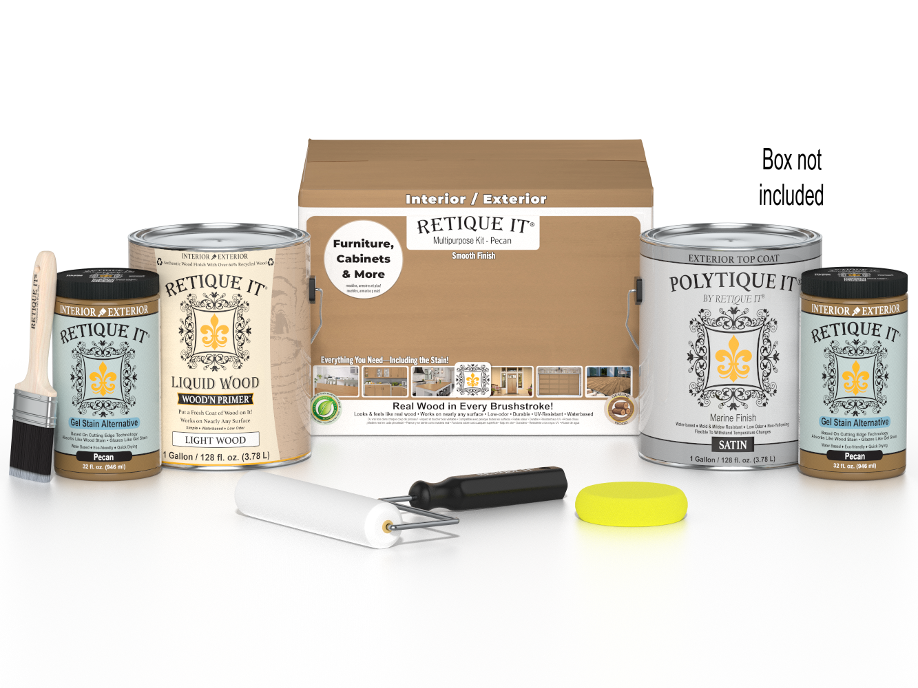Retique It® Multi-purpose Smooth Finish Kit in Pecan with exterior top coat, includes four large wood finishing tools and materials.