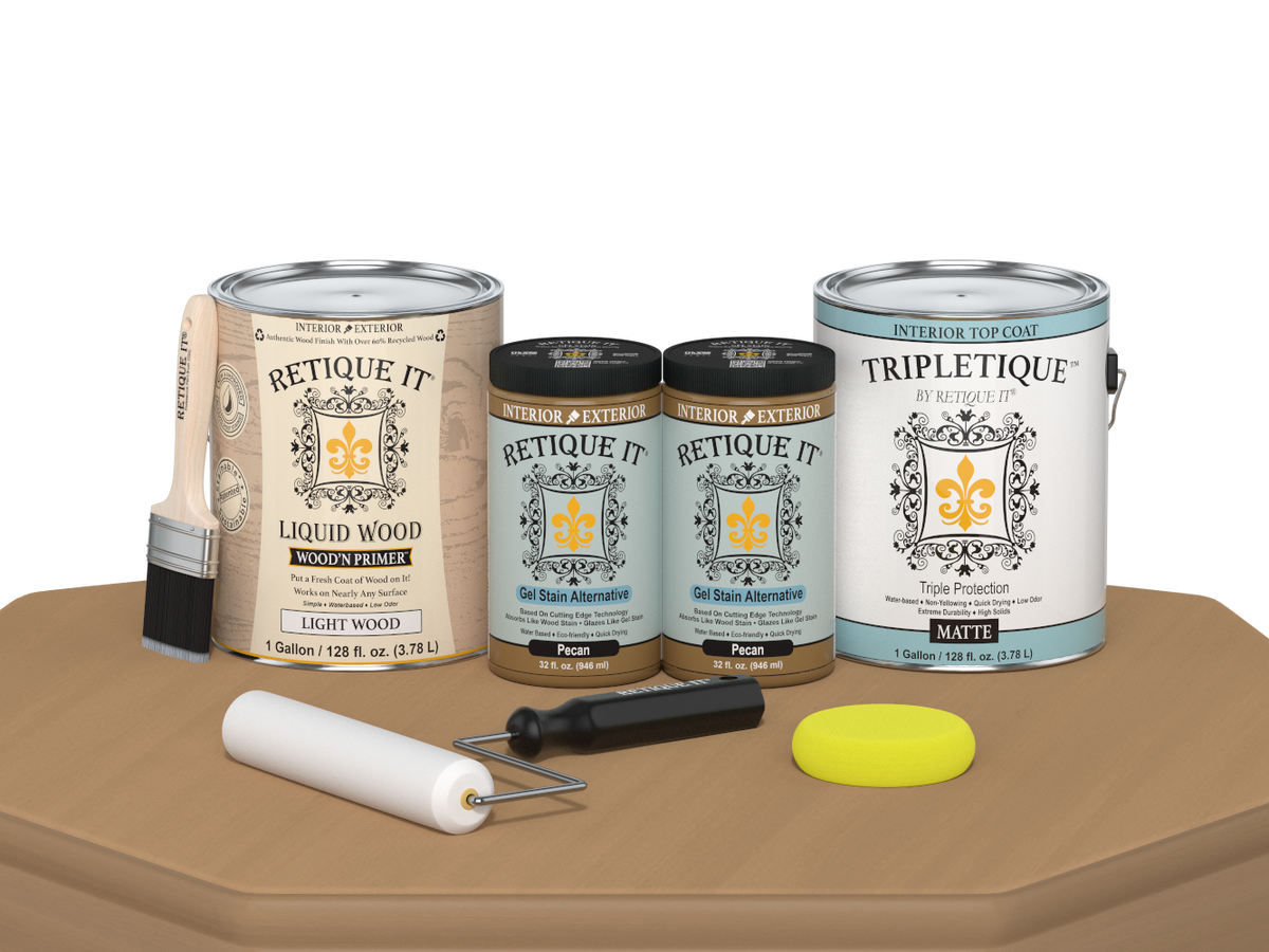 Retique It® multi-purpose smooth finish kit with four large Pecan interior top coat bottles, matte wood finish for furniture.
