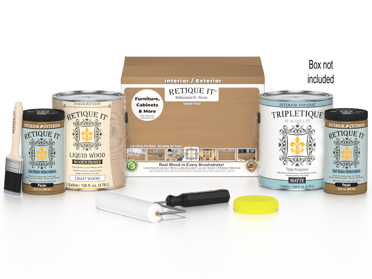 Retique It® Multi-purpose Smooth Finish Kit (4x Large) in Pecan for interior wood projects, includes top coat and application tools.