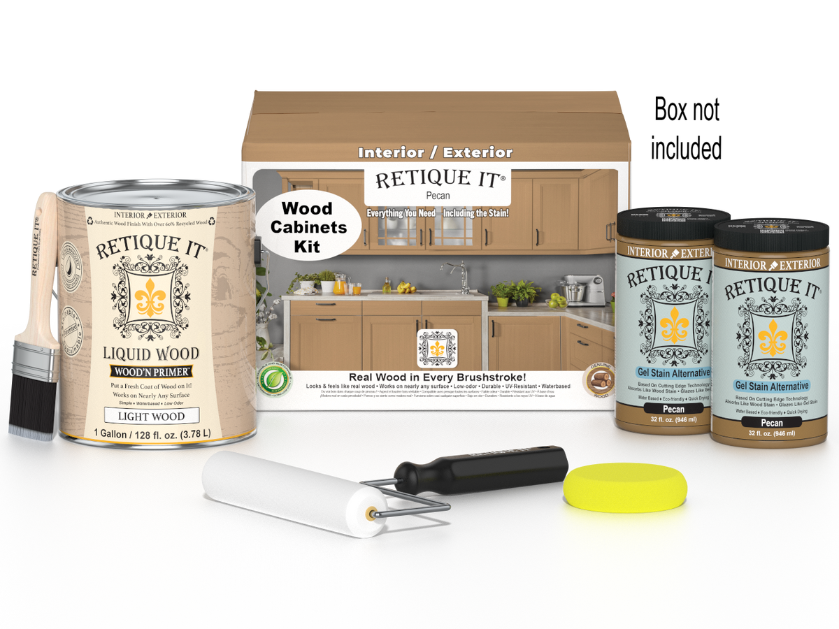 Retique It® Wood'n Cabinet Kit with 48 smooth pecan-stained cabinet doors, ideal for kitchen or bathroom cabinetry.