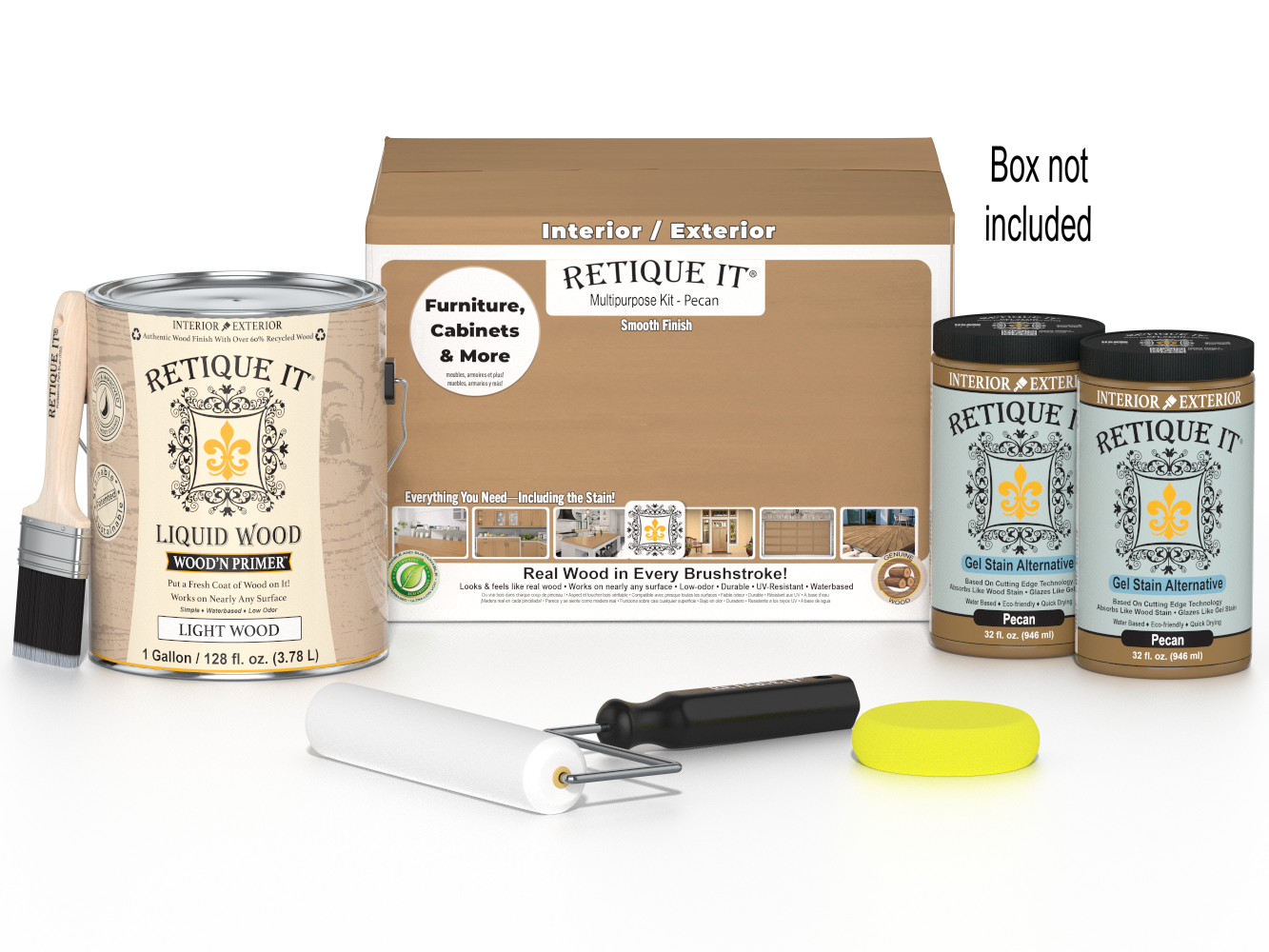 Retique It® Multi-purpose Smooth Finish Kit in Pecan for wood furniture and projects, includes four large containers with a smooth finish.