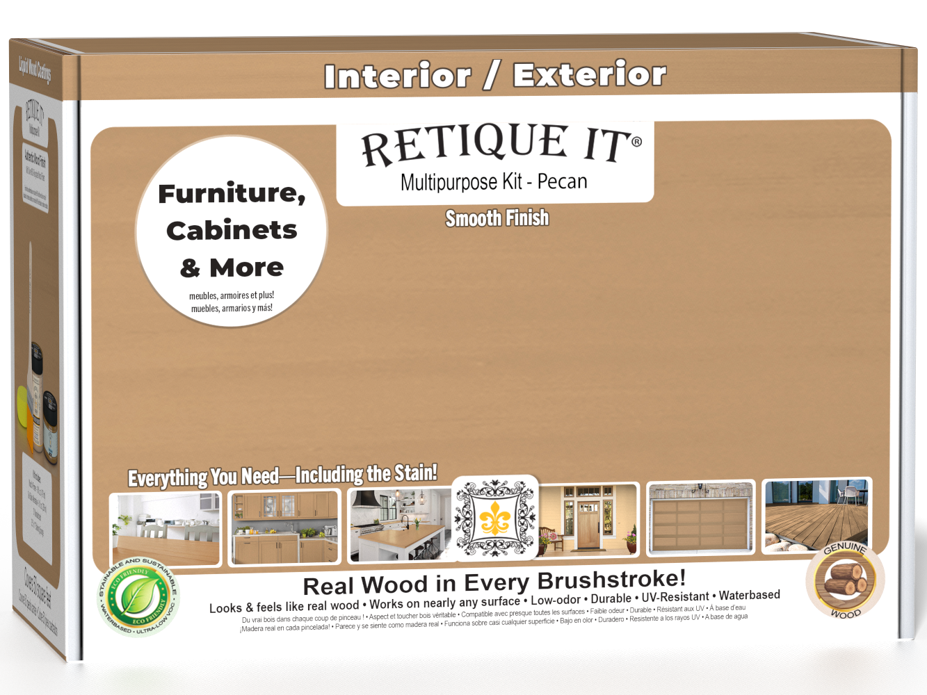 Retique It® Multi-purpose Smooth Finish Kit in Pecan for interior wood top coat, matte finish, with applicator tools in box.