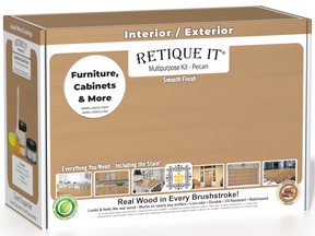 Retique It® Multi-purpose Smooth Finish Kit in Pecan for wood finishing, featuring a box with application tools and finish products.