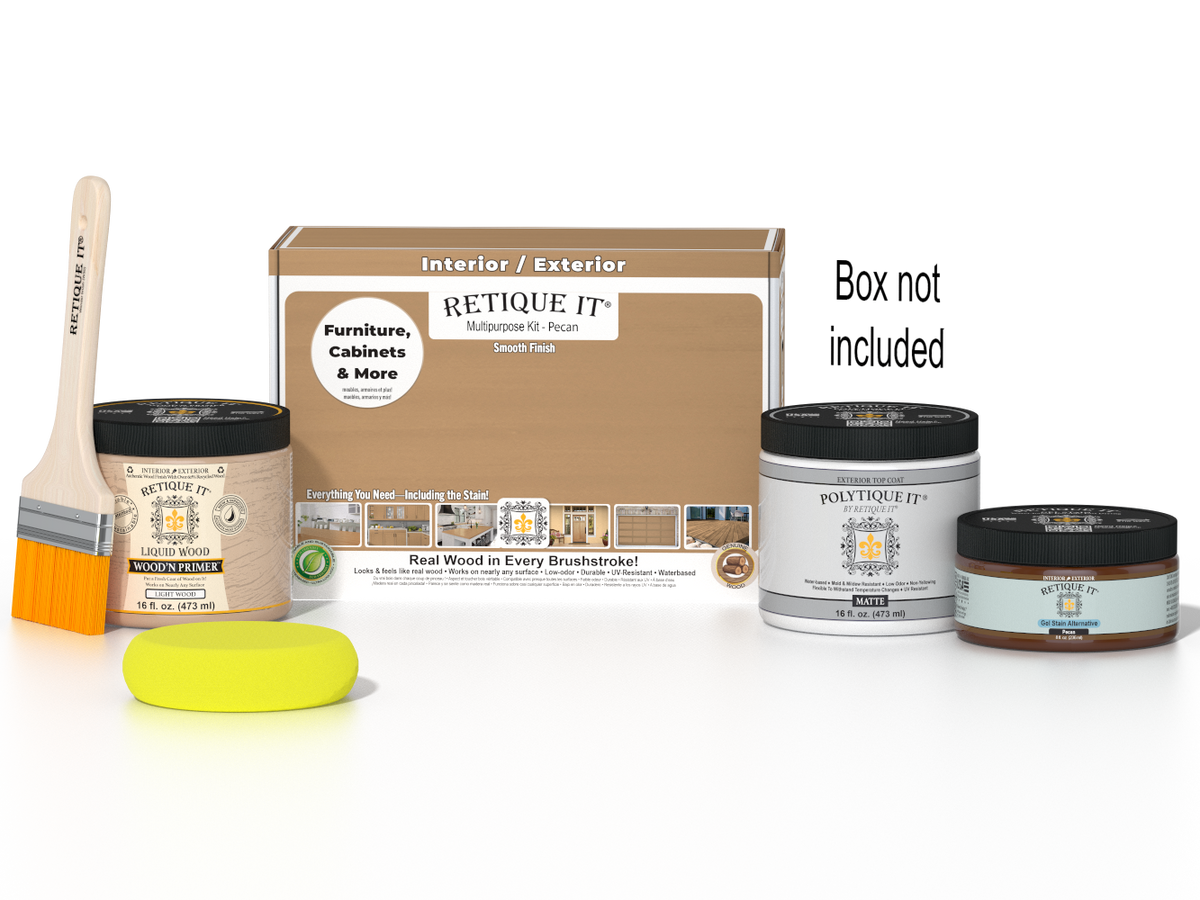 Retique It® Pecan Multi-purpose Smooth Finish Kit for exterior wood with top coat, includes applicator and finishing tools.