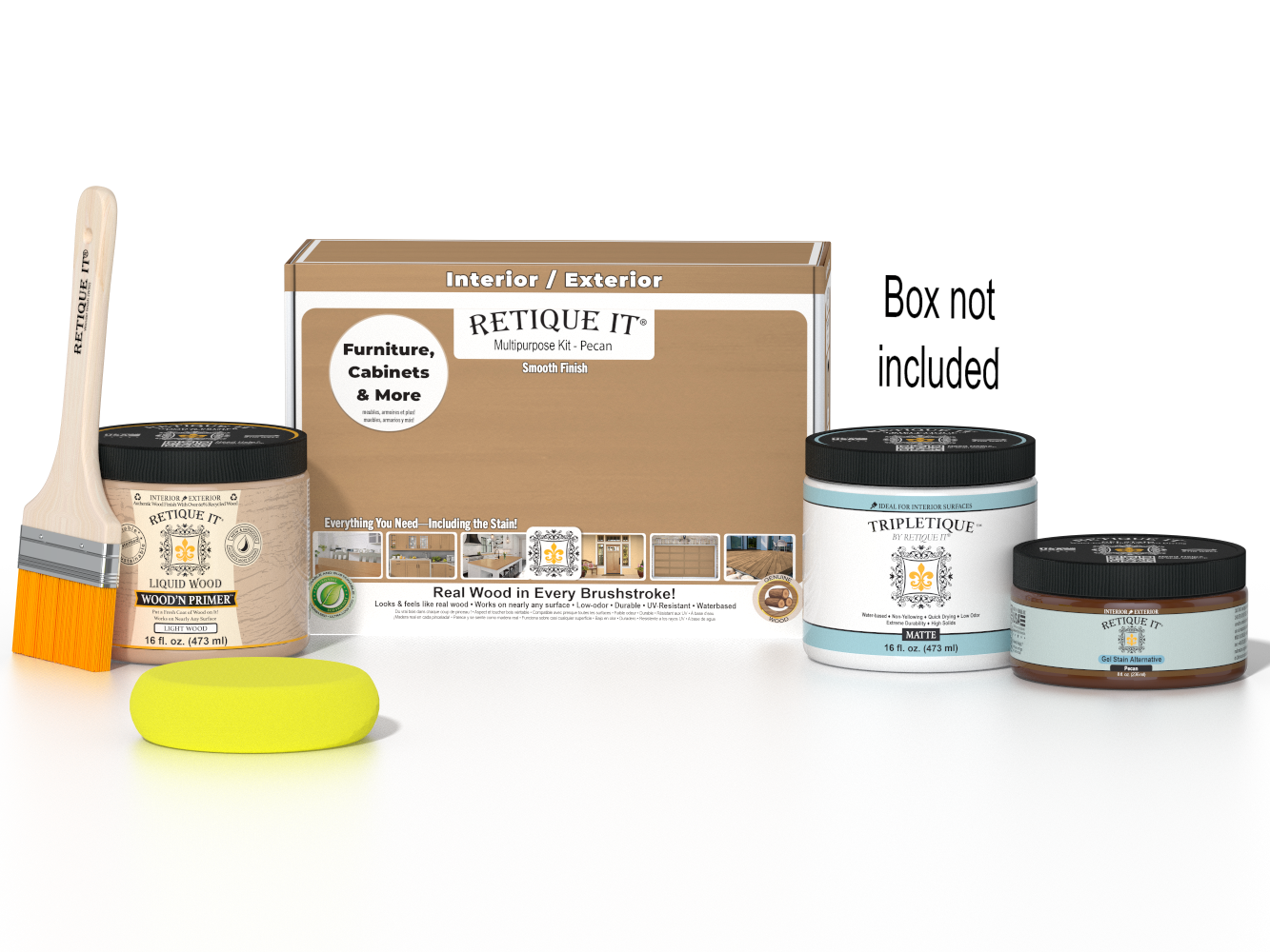 Retique It® Multi-purpose Smooth Finish Kit in Pecan for interior wood projects, includes top coat and application tools.