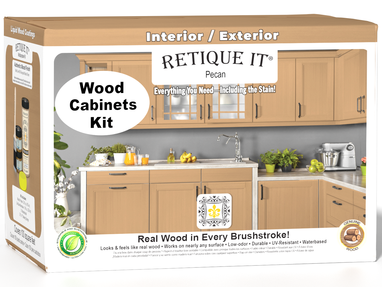 Retique It® Wood'n Cabinet Kit with 12 smooth door panels in Pecan stain, ideal for kitchen cabinet updates.