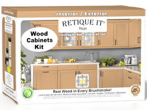 Retique It® Wood'n Cabinet Kit with 12 smooth door panels in Pecan stain, ideal for kitchen cabinet updates.