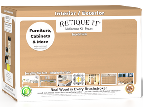 Large Pecan wood finish kit by Retique It® with smooth finish and multiple tools for wood projects.