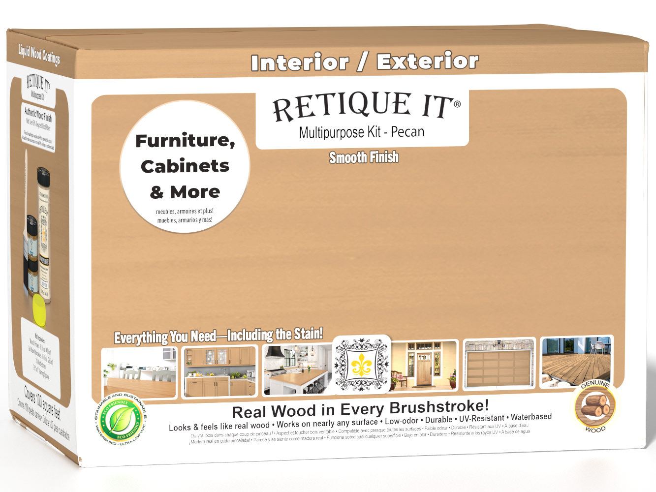 Large Pecan wood finish kit by Retique It® with smooth, matte exterior top coat, including tools and materials for wood finishing.