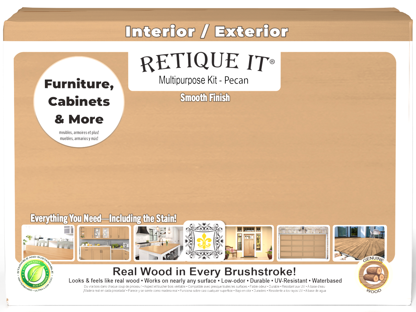 Large Pecan wood finish kit by Retique It® with smooth finish, includes wood stain and finishing accessories, in a box.