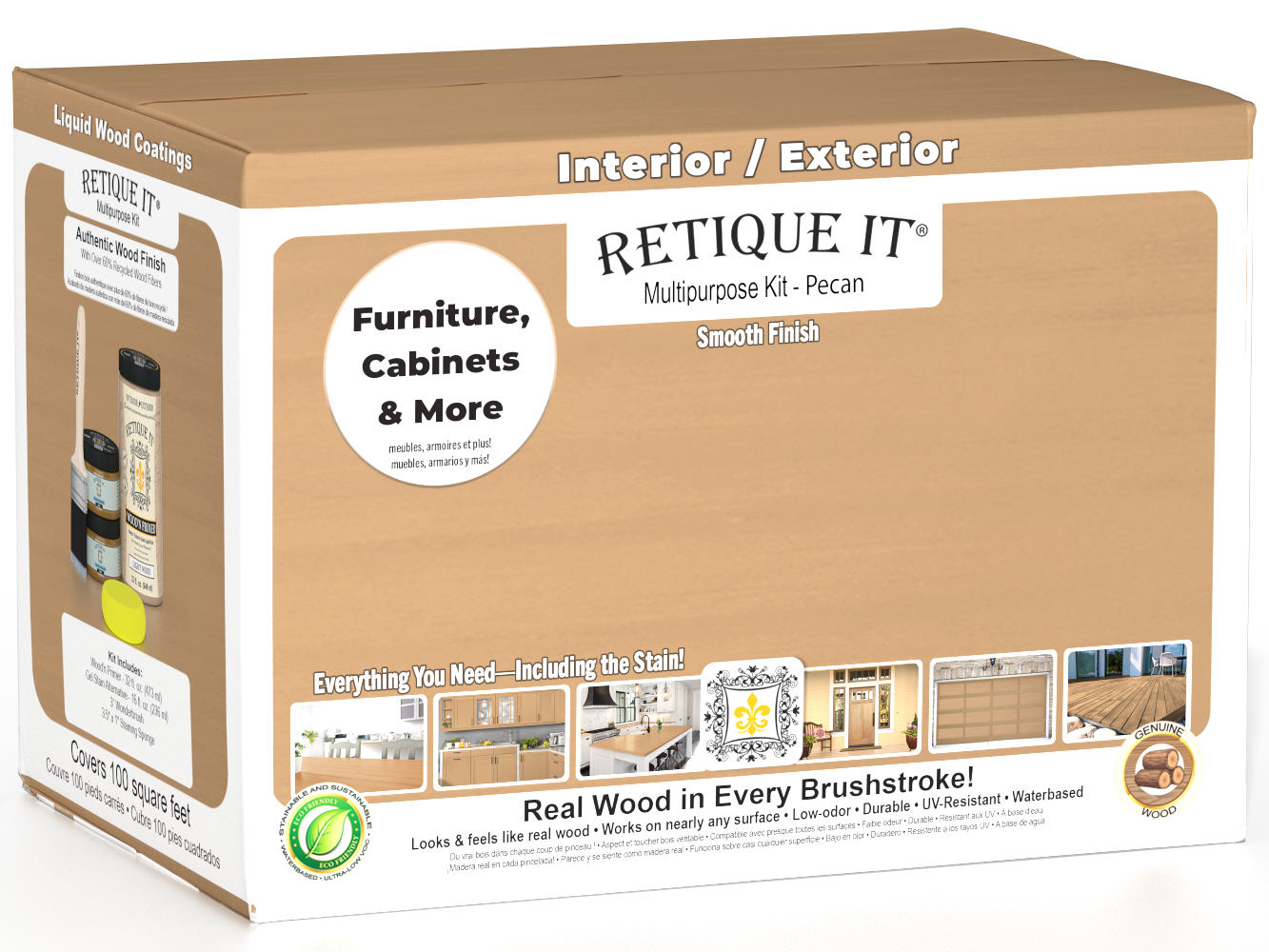 Large Pecan Wood'n Finish Kit by Retique It® with smooth finish products in a box for multi-purpose wood finishing projects.
