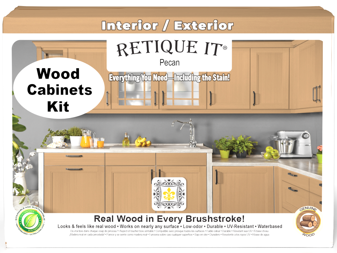 Retique It® Wood'n Cabinet Kit with 12 smooth pecan stained cabinet doors, showcasing natural wood grain and finish.