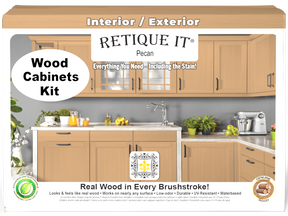 Retique It® Wood'n Cabinet Kit with 12 smooth pecan stained cabinet doors, showcasing natural wood grain and finish.